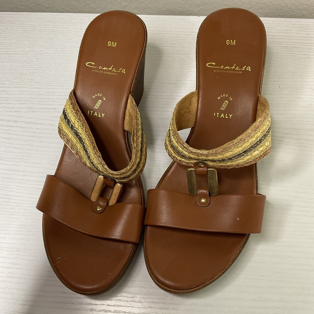 Comfortisa Brown Leather Wedge Sandals with Braided Detail